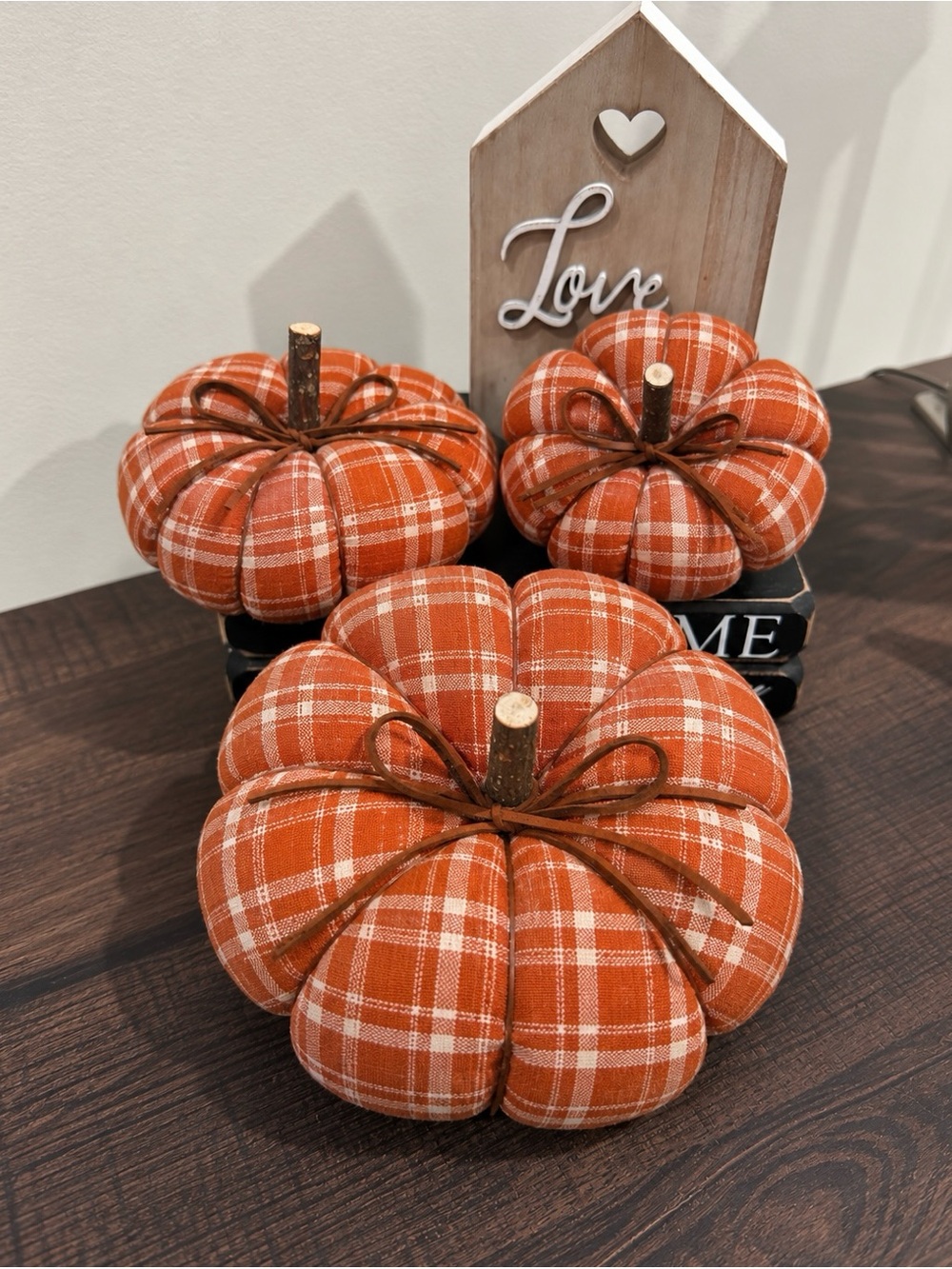 Set of 3, orange plaid handmade brand new pumpkins 7,5,4”